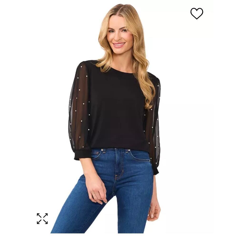 CeCe Women's Mixed Media Pearl-Stud Top in Rich Black - Small